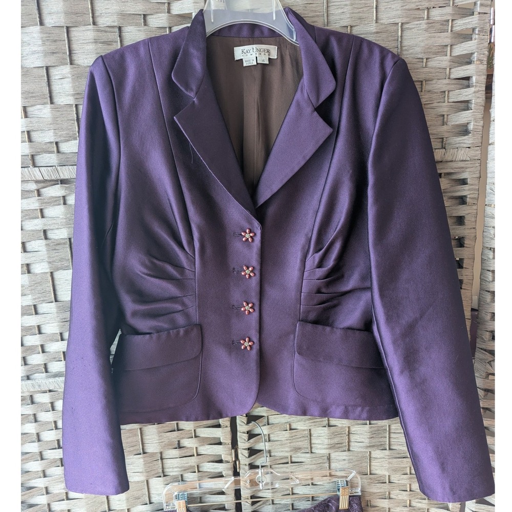 Kay Unger Vtg Y2K Skirt Suit Blazer Set Plum Purple Eggplant‎ Wool Silk Lace 14